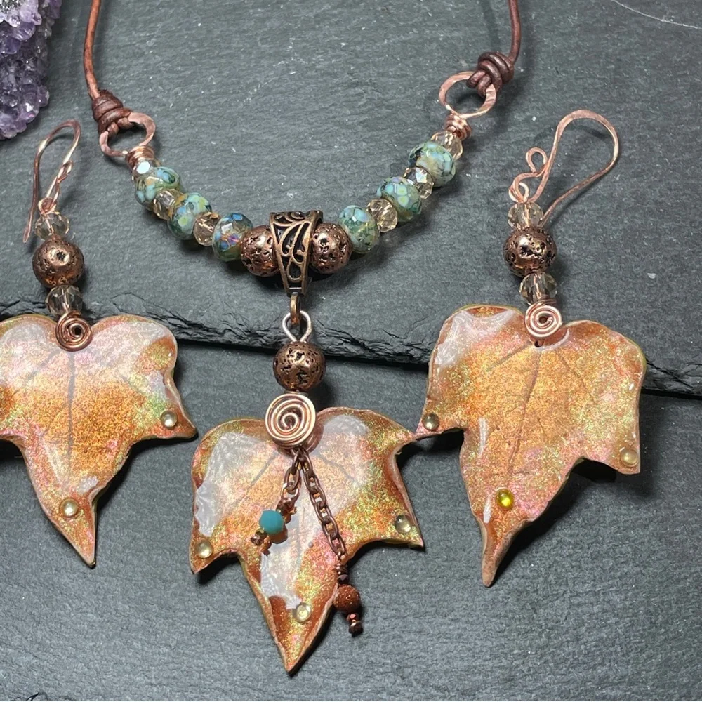 Autumn Leaf Jewelry Set Fairycore Earrings And Pendant | Artisan Jewelry